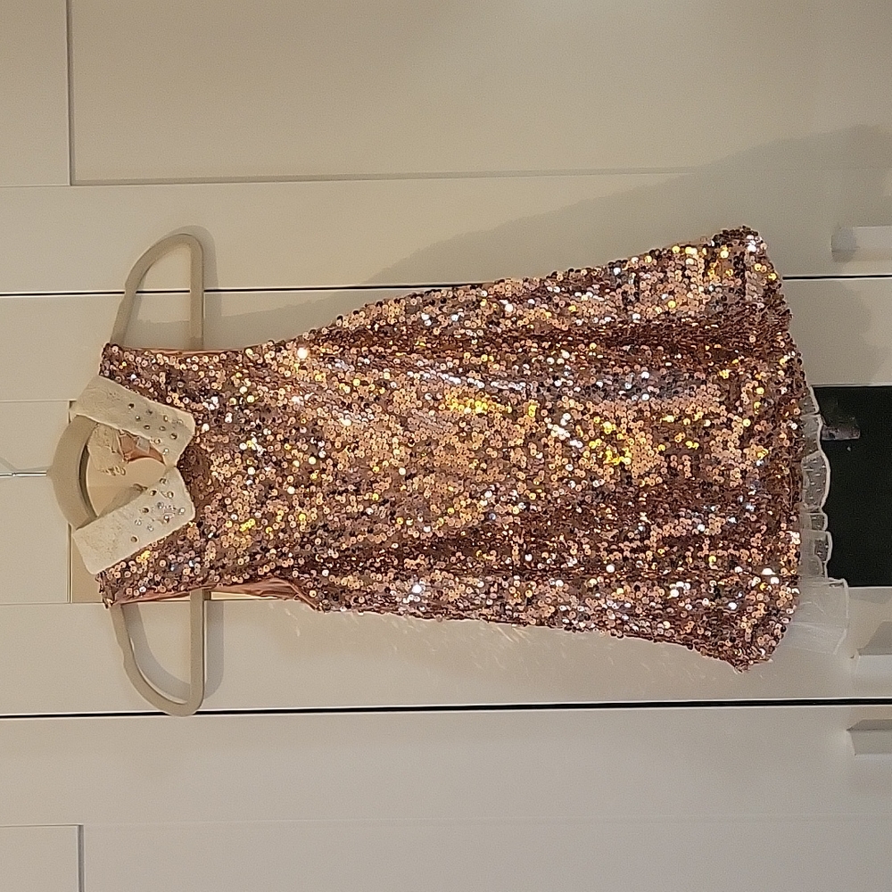 Beautees gold sequence dress with gems on collar